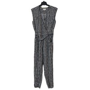 Vince Camuto Womens Large Black White Printed V Neck Sleeveless Belted Jumpsuit